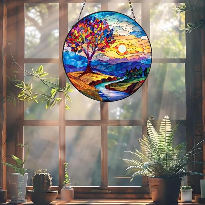 Suncatcher Stream Stained Glass Suncatchers Stained Glass Ornament for Home Decor Indoor Wall Art Gift for Mother Women Friends (Stream, M)