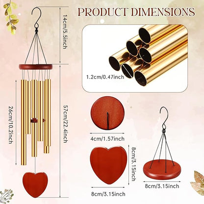 Leinuosen Wind Chimes for Outside Wind Chimes Outdoors Deep Tones 28" with 6 Aluminum Tubes Memorial Sympathy Windchime for Valentine Tree Decor Garden Courtyard Mom Loved One Gifts(Heart,Gold)