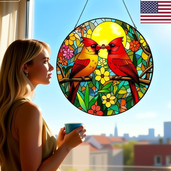 Cardinal Stained Glass Suncatcher - Red Bird Sun Catcher, Painted Glass Panel Decor, Sun Catchers Indoor Window, Gift for Bird Lovers, Mom, Grandma, 6.31IN