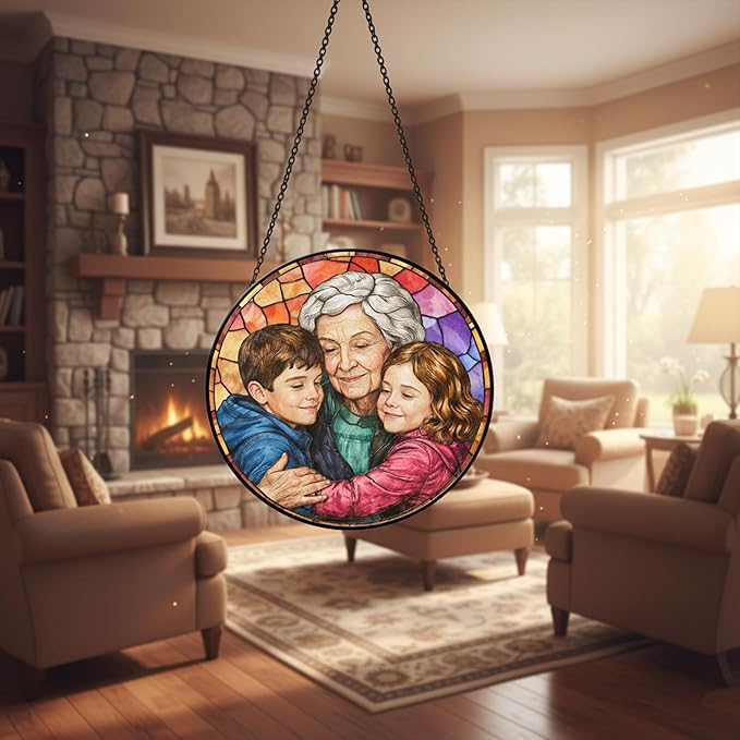 Personalized Grandma Stained Glass Sun Catcher, Custom Photo Window Hanging, Personalized Stained Glass, Gift for Grandma, Grandparents, Christmas, Birthday, Keepsake, Christmas Ornament, P2