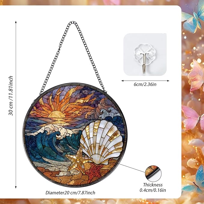 Rngmsi Beach Stained Glass Window Hanging, 7.8″ Shells Conch Sun Catchers with Hook Indoor Window Decor Gift, Decorative Sun Catchers Ornaments Home Garden Art for Housewarming