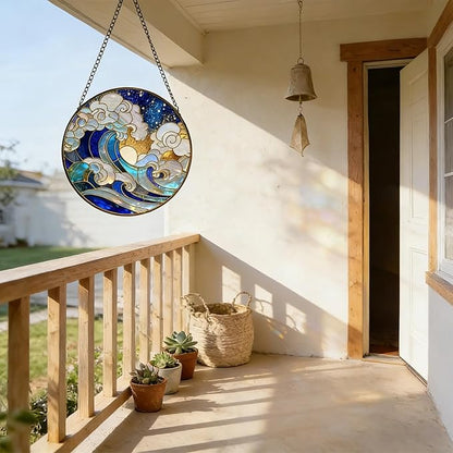 Stained Glass Window Hanging – Colorful Waves and Clouds Design Sun Catcher Glass Panel, Blue & Gold Suncatcher Decor for Birthday, Women, Men, Wife, Aunt, and Mom – 7.8 inches