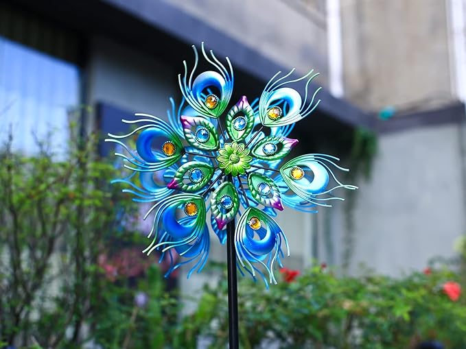 Peacock Wind Spinner, 48Inch Double Wind Sculpture, Wind Sculptures & Spinners Outdoor Metal Stake Yard Spinners, Garden Wind Catcher Wind Mills, Lawn&Garden…