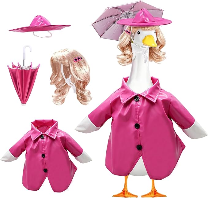 4 Pcs Porch Goose Raincoat with Wigs, Outfits and Clothes, Spring Summer Goose Statue Raincoat Costume, 23" Geese Statue Clothes for Patio Yard Lawn Outdoor Decor (Pink)