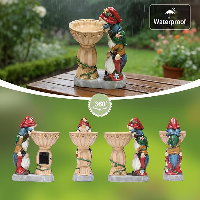 Garden Gnomes Outdoor Gnomes Garden Decorations for Yard Colorful Lights Resin Solar Outdoor Statues with Bird Bath Feeder Outside Lawn Patio Housewarming Gifts 6.25 * 4.25 * 9.25 Inch