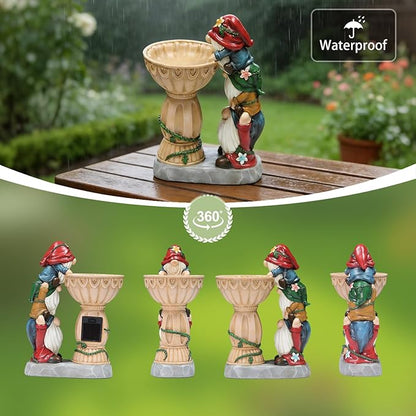 Garden Gnomes Outdoor Gnomes Garden Decorations for Yard Colorful Lights Resin Solar Outdoor Statues with Bird Bath Feeder Outside Lawn Patio Housewarming Gifts 6.25 * 4.25 * 9.25 Inch