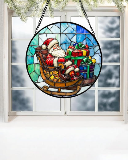 DASTOLL Stained Glass Window Hanging - Santa Claus Gift BoxSuncatcher for Doors Home Christmas Decoration Winter Sun Catcher Thanksgiving New Year Birthday Gift for Women Men Mom Nana 7.8 in