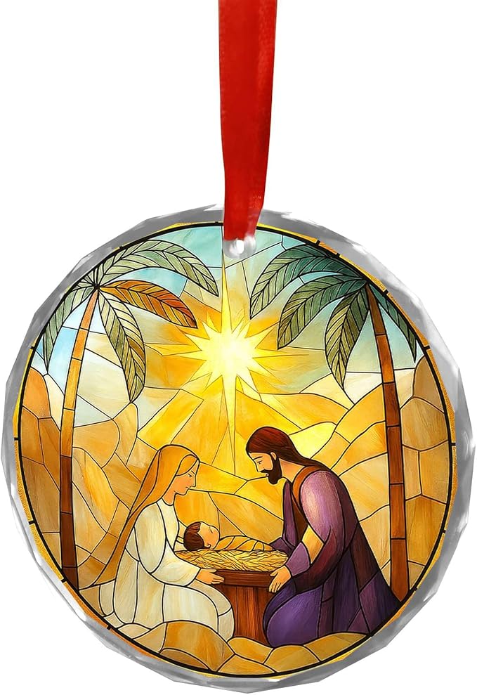 Nativity Stained Glass Ornament 2025 - Holy Family Christmas Tree Ornament, Glass Sun Catcher Window Hanging, Religious Christian Catholic Gift, Manger Scene with Bethlehem Star Keepsake(L-8)