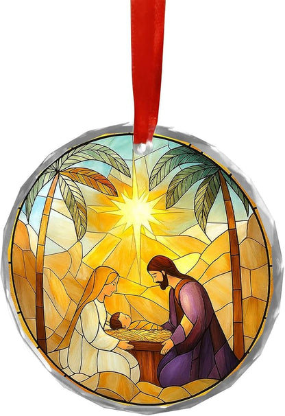 Nativity Stained Glass Ornament 2025 - Holy Family Christmas Tree Ornament, Glass Sun Catcher Window Hanging, Religious Christian Catholic Gift, Manger Scene with Bethlehem Star Keepsake(L-8)