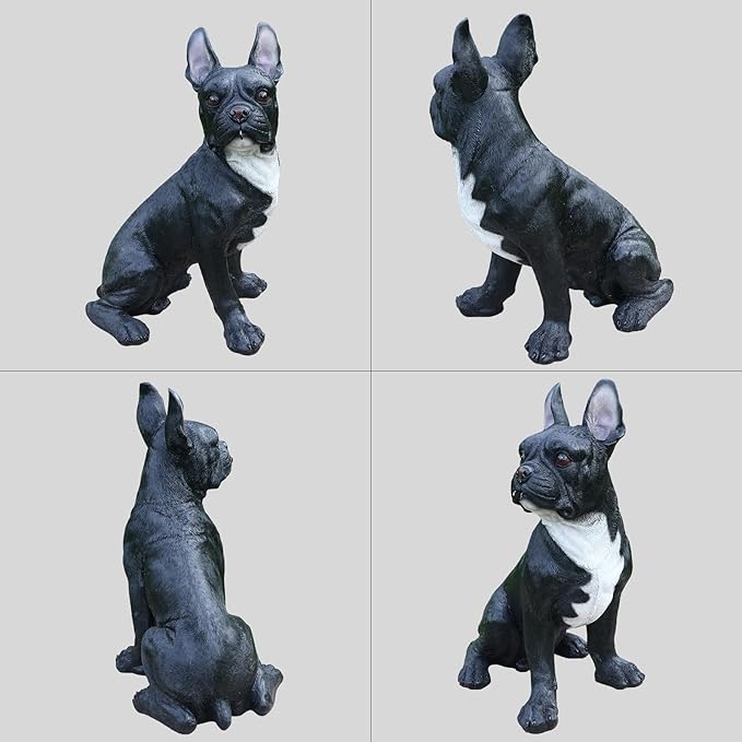 Frenchie Chic Entry Accent with Solar Lantern & Double-Sided Sign, Sitting Black French Bulldog Statue for Porch Seating, Hallway & Patio