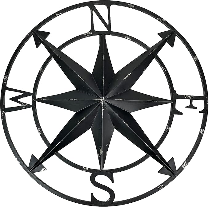 Zeckos Distressed Metal Nautical Compass Rose Wall Décor - Rustic 20-Inch Diameter Hanging Art with Vintage Black Enamel Finish - Perfect for Indoor and Outdoor Display