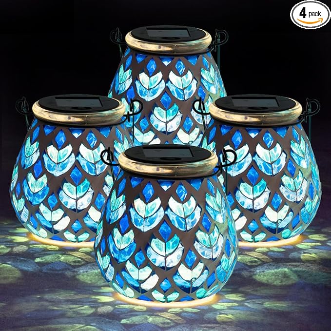 Stargarden 4 Pack Mosaic Solar Lanterns, Blue Glass Hanging Lantern Waterproof Outdoor Hanging Solar Lights Table Lamp for Garden ,Patio,Yard Decor
