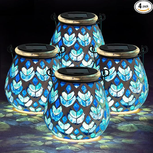 Stargarden 4 Pack Mosaic Solar Lanterns, Blue Glass Hanging Lantern Waterproof Outdoor Hanging Solar Lights Table Lamp for Garden ,Patio,Yard Decor