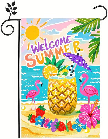 BlissYard Welcome Summer Garden Flag 12x18 Double Sided Flamingo Sunshine Hawaii Tropical Beach Holiday Garden Flags Welcome Summer Tropical Ocean Sea Yard Flag for Seasonal Outdoor Party Decoration