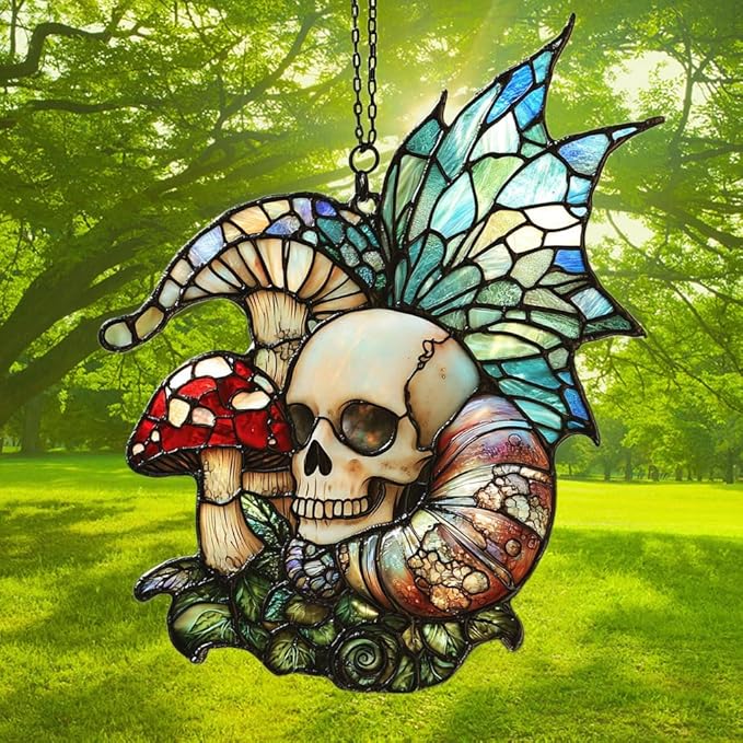 Boho Skeleton Mushroom Acrylic Suncatcher Stained Glass Effect Window Car Hanging Christmas Ornament Indoor Outdoor Decor Garden Sun Catcher Panel for Boho Lover for Women Mom Grandma