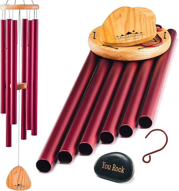 UpBlend XL Wind Chimes for Outside Gift – Deep Tone Wind Chime with Decorative Stone – Garden and Patio Décor for Porch or Yard, Elegant Outdoor Ornament, Meaningful Gift for Neighbors. 41” Red.