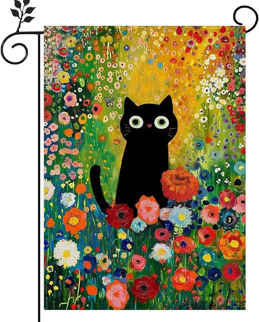 Spring Summer Garden Flag 12x18 Inch Double Sided Outside Black Cat Colorful Floral Flowers Seasonal Holiday Yard Porch Outdoor Decoration