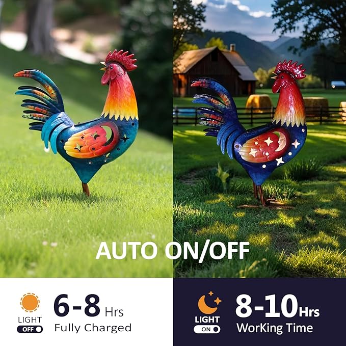 Natelf Solar Rooster Statue, Outdoor Metal Rooster Decor with Solar Light, Hand-Painted Weatherproof Garden Art for Yard, Patio - Unique Gift