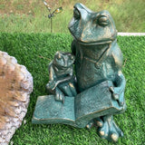 DreamsEden Metal Frog Garden Statue, Funny Mother and Kid Frogs Reading Sculpture for Outdoor Decor Yard Lawn Decorations, 10''H