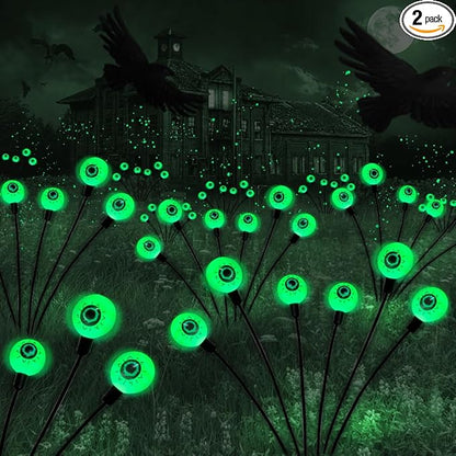 BeHiller Halloween Decorations Outdoor Solar Scary Eyeball Lights,2PACKS 12LED Green Eyeball Swaying Firefly Lights,Waterproof Solar Halloween Path Lights for Yard/Garden/Lawn/Party Decor