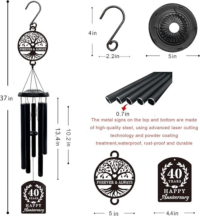 37'' 40th Anniversary Wind Chime Gifts, Golden Anniversary Keepsake Gifts Ideas, Happy 40th Decorations for Parents, Couples, Husband, Wife, Friends