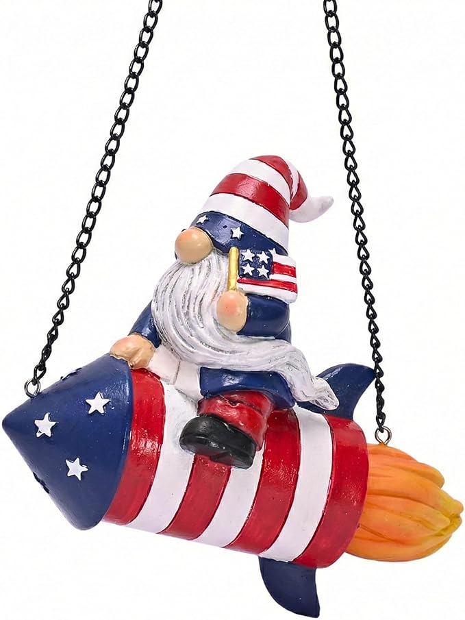 TERESA'S COLLECTIONS 4th of July Gnome Rocket Decorations, Memorial Day Hanging Ornament for Home, USA 250th Anniversary Patriotic Resin Independence Day Gift for Women, Indoor Outdoor Wall Decor 8"