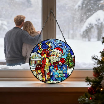 Christmas Stained Glass Suncatchers for Windows, Santa Claus Christmas Stained Glass Window Hanging, Garden Suncatchers for Home Decor, Garden, Patio, Gift for Women Men