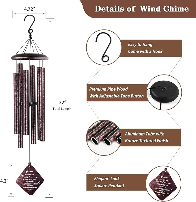 Sympathy Gifts for Loss of Grandmother, 32"" Memorial Wind Chimes for Loss of Grandma, Loss of Grandma Sympathy Gift, Bereavement Gifts in Memory of a Loved Grandma, Bronze