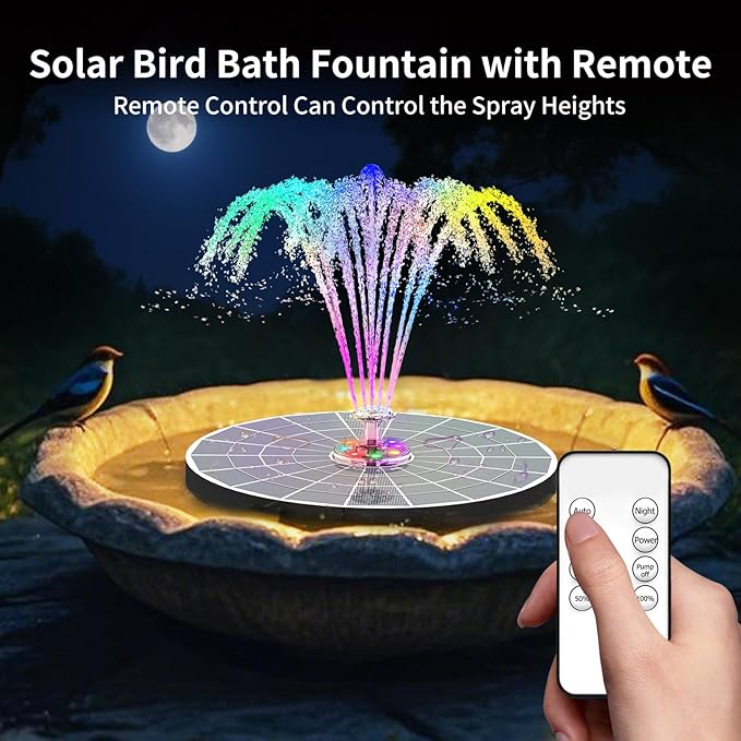 AISITIN 9W Solar Fountain Pump 2026, Solar Water Fountain Kit with 6600mAh Rechargeable Battery & 14 Nozzles & Charging Cable & Remote Control & 11 Colorful LED Lights for Garden Pond Pool Outdoor