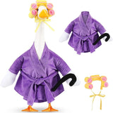 Shyyween Old Lady Porch Goose Outfit 23 Inch Cement Plastic Lawn Goose Statue Clothes Winter Pjs Purple Bathrobe and Curlers Coffee Cup Crutch Set