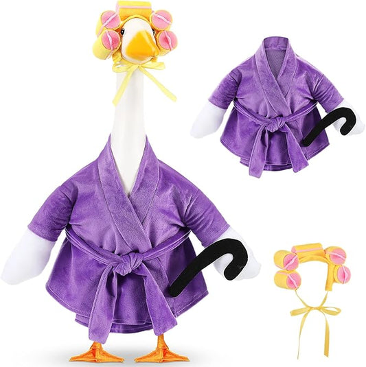 Shyyween Old Lady Porch Goose Outfit 23 Inch Cement Plastic Lawn Goose Statue Clothes Winter Pjs Purple Bathrobe and Curlers Coffee Cup Crutch Set