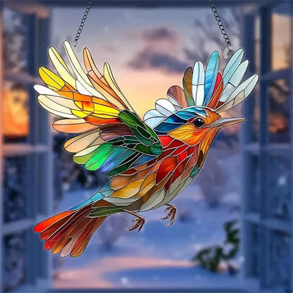 7.8inch Stain Glass Sun Catcher Window Hanging Bird Suncatchers with Metal Chain，Hummingbird Suncatcher Double Side Window Ornament Decoration Indoor Outdoor Ornament for Garden Home Housewarming Gift