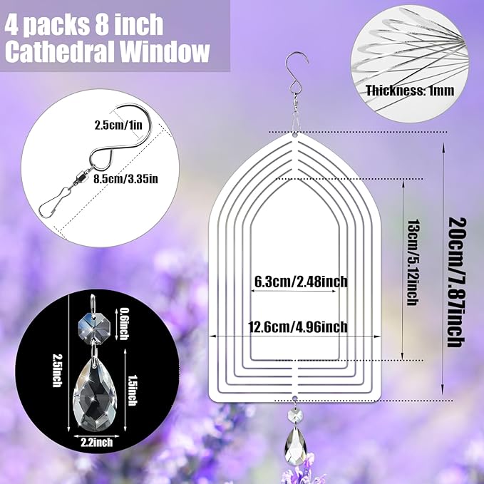 4Pack 8inch Sublimation Wind Spinner Blanks 3D Aluminum Metal Wind Sculpture Kinetic Spinners for Yard and Garden Indoor Art Ornaments Hanging Decoration (Cathedral Window)