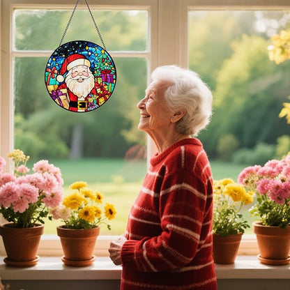 Santa Stained Glass Window Hanging, Santa Claus Suncatcher for Doors Home Sun Catchers Decoration and Christmas, Mother's Day Birthday Gifts for Women, Men, and Mom