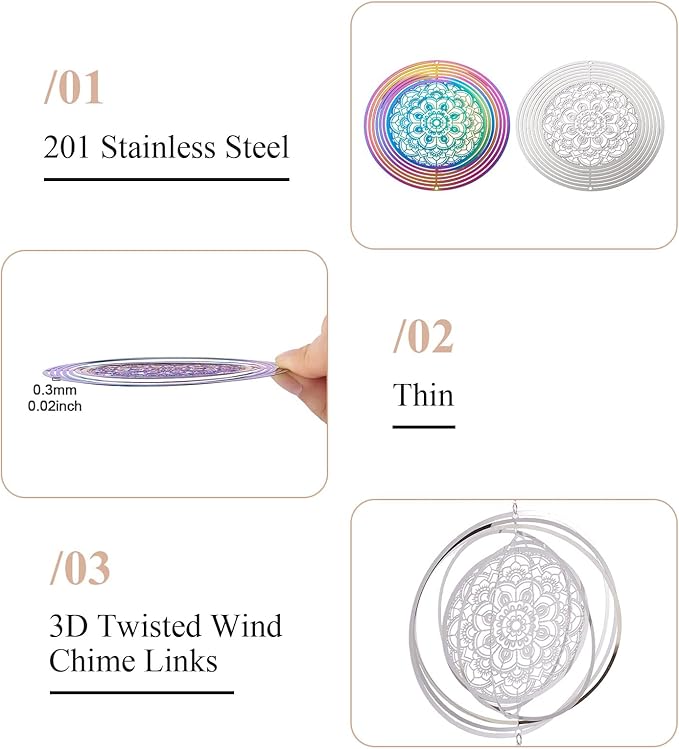 Stainless Steel Reflective Wind Spinners Outsides 3D Twisted Wind Chimes Gradient Flower Etched Metal Embellishments for Outdoor Indoor Garden Hanging Decor 2Pcs