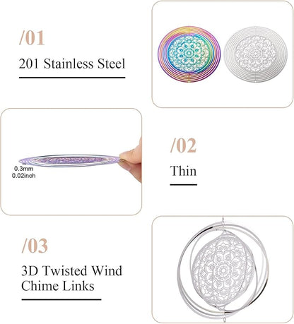 Stainless Steel Reflective Wind Spinners Outsides 3D Twisted Wind Chimes Gradient Flower Etched Metal Embellishments for Outdoor Indoor Garden Hanging Decor 2Pcs