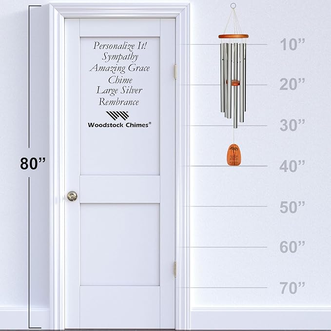 Woodstock Chimes Personalized Amazing Grace Wind Chime for Outside 40" Medium Silver,Outdoor Garden Decor, Memorial Gift for Loss Loved Ones P-AGLS03