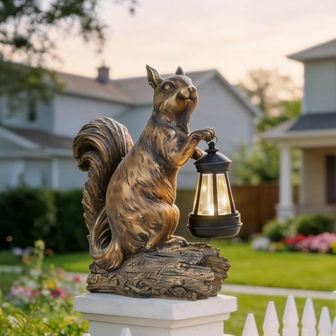 DiliComing Solar Garden Decor Outdoor Statues - Resin Cute Animal Solar Powered LED Garden Light Porcelain Squirrel Decor Yard Decorations Outdoor 8.5 * 4.5 * 11.25 Inch
