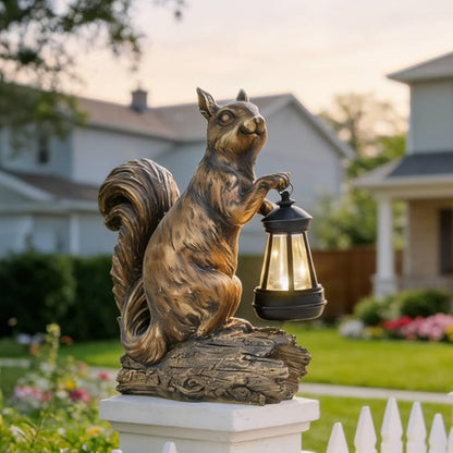 DiliComing Solar Garden Decor Outdoor Statues - Resin Cute Animal Solar Powered LED Garden Light Porcelain Squirrel Decor Yard Decorations Outdoor 8.5 * 4.5 * 11.25 Inch