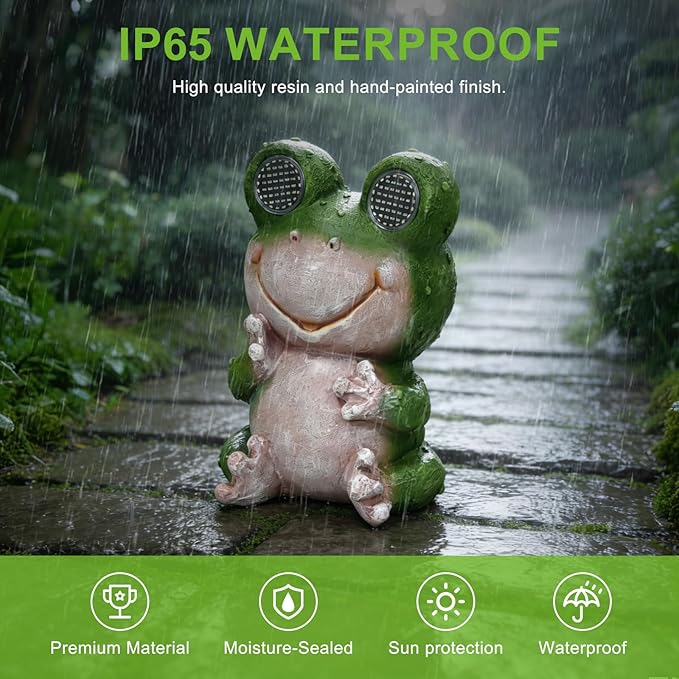 Solar Frog Garden Statue with LED Blinking Moving Eyes, Resin Solar Powered Outdoor Frog Decor, IP65 Waterproof Frog Statue for Garden Yard Patio Lawn Porch, Funny Garden Gift for Mom