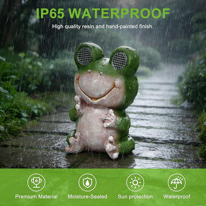 Solar Frog Garden Statue with LED Blinking Moving Eyes, Resin Solar Powered Outdoor Frog Decor, IP65 Waterproof Frog Statue for Garden Yard Patio Lawn Porch, Funny Garden Gift for Mom