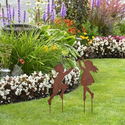 Boy Girl Silhouettes Chasing Vintage Metal Garden Sculpture, Yard Garden Metal Stake Rustic Decor Family Friends (Boy and girls one pair)