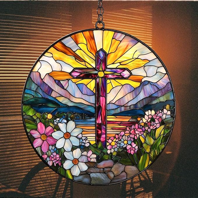 Flowers Hill Cross Acrylic Suncatcher Stained Glass Effect Window Car Hanging Christmas Ornament Indoor Outdoor Decor Garden Memorial Sun Catcher for Family Christmas Jesus Gift for Women Mom Grandma