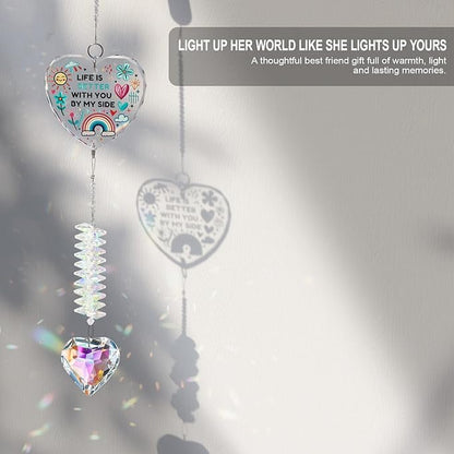Gifts for Girlfriend, Best Friend, Sisters, Mom,Daughters,Crystal Suncatcher Ornament with Quote “Life is Better with You by My Side”Birthday Gifts,Window Hanging Decor