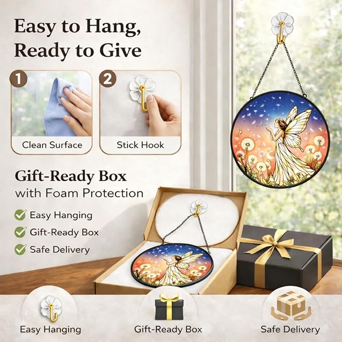 Dandelion Fairy Suncatcher Window Hanging, 7.8" Stained Glass Decor, Whimsical Gift for Family, Friends and Loved Ones, Dreamy Home Decor for Window, Wall, Living Room and Sunroom