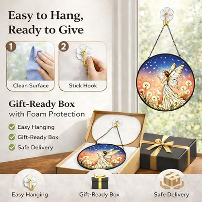 Dandelion Fairy Suncatcher Window Hanging, 7.8" Stained Glass Decor, Whimsical Gift for Family, Friends and Loved Ones, Dreamy Home Decor for Window, Wall, Living Room and Sunroom