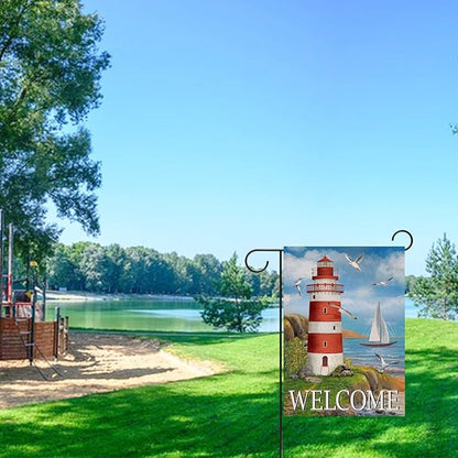 Spring Summer Lighthouse Garden Flag, Coastal Seagull Birds Yard Beach Nautical Sailboat Outside Decoration, Ocean Outdoor Small Burlap Decor Double Sided 12 x 18