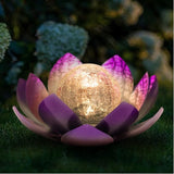 Huaxu Solar Lights Outdoor Decor Purple Lotus Waterproof LED Crackle Globe Glass Metal Flower Decorations for Garden Patio Yard Porch Pathway Ground Tabletop
