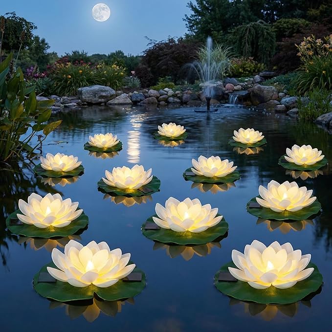 12 PCS Solar Powered Floating Lotus Lights - 7.09'' Waterproof Floating Flower Light, Solar Water Activated Pool Lotus Lamp for Garden Pond Wedding Party Decoration (White)
