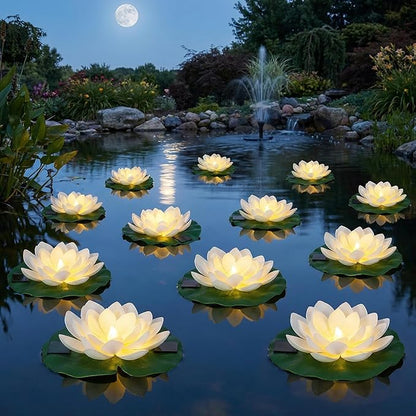 12 PCS Solar Powered Floating Lotus Lights - 7.09'' Waterproof Floating Flower Light, Solar Water Activated Pool Lotus Lamp for Garden Pond Wedding Party Decoration (White)